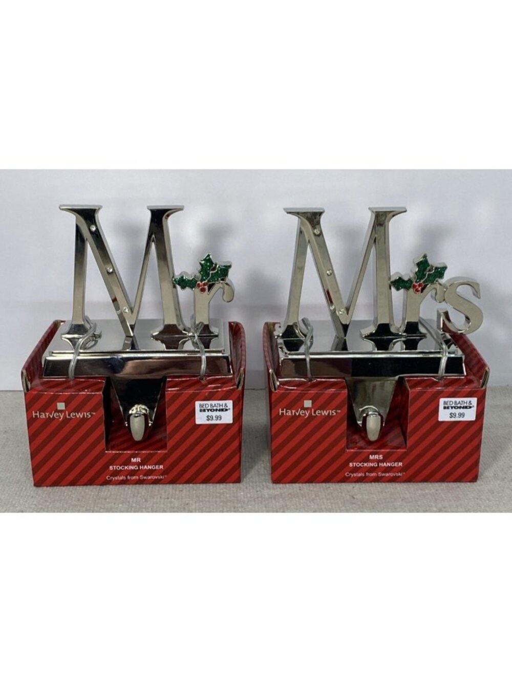 Mr.& Mrs. Stocking Holder Silver Tone w/ Swarovski Crystal Accents Harvey Lewis